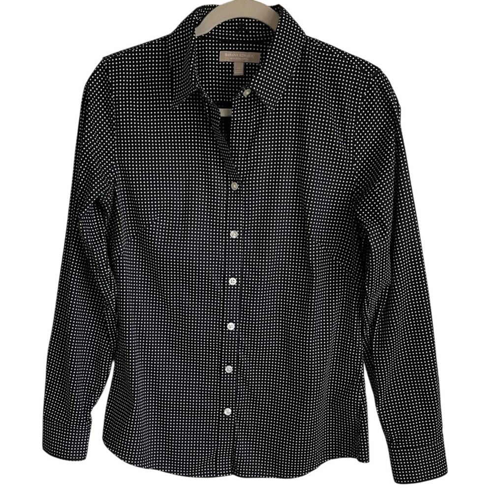 Banana Republic Non Iron Fitted Button Up Shirt Sz 10 Black White Polka Dots